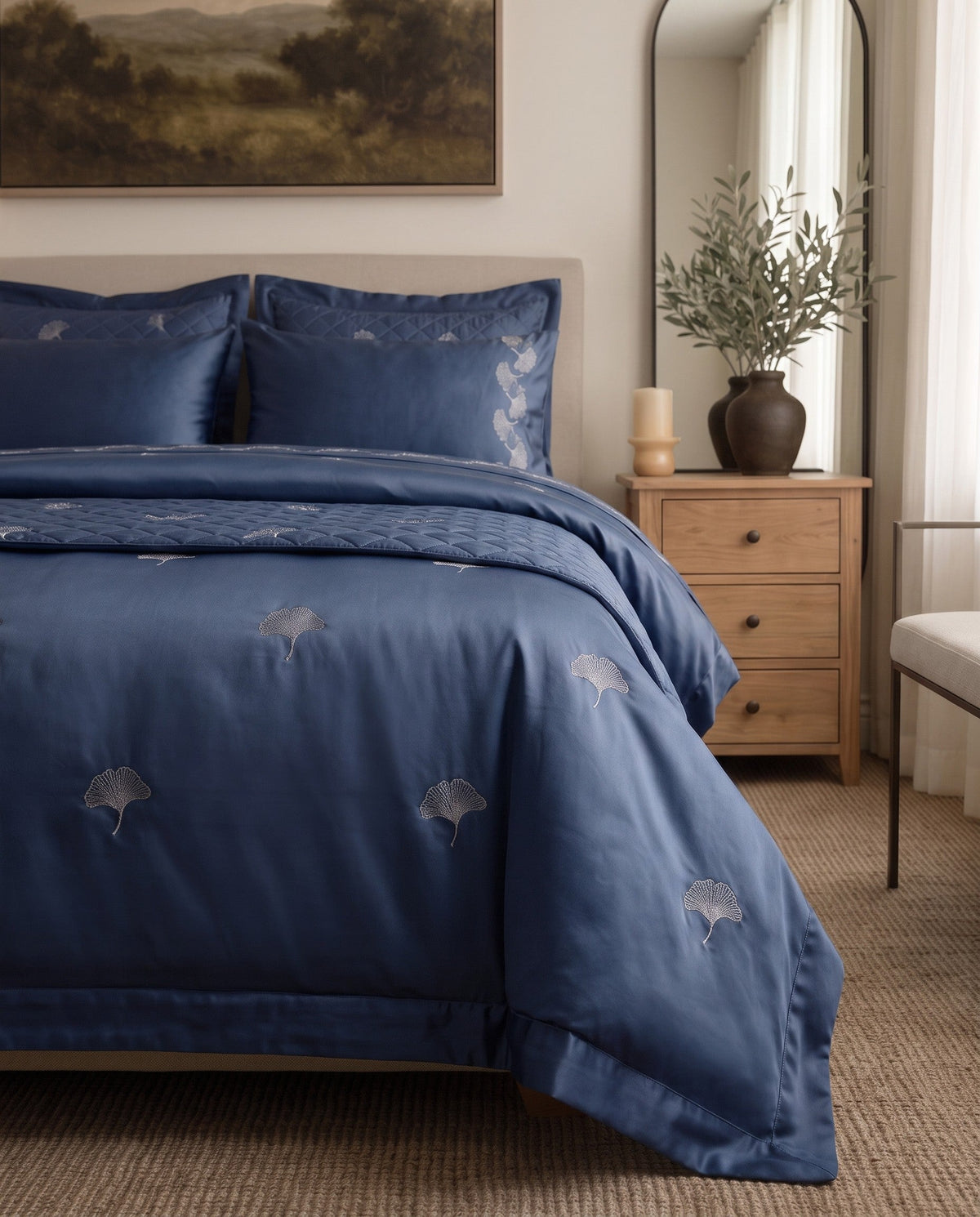 Sage Elegance - Queen Duvet Cover with Embroidery in Royal Blue