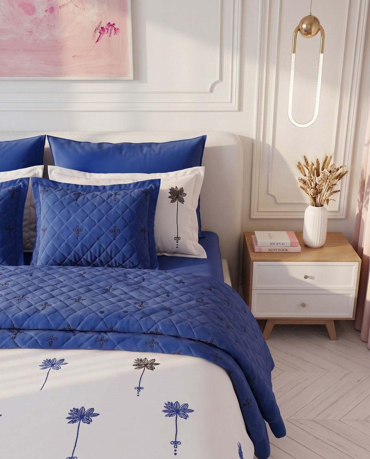 Luxury Essential-Quilted Oxford Pillow Case with embroidery in Royal Blue