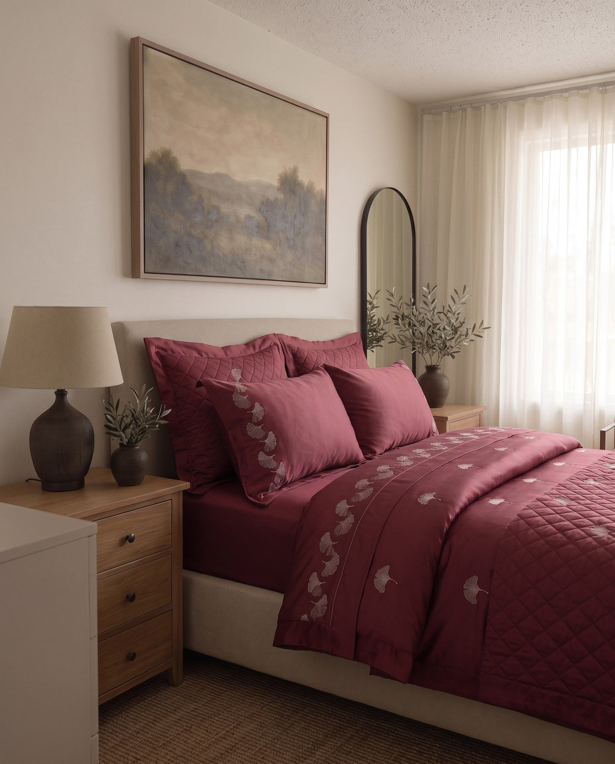 Sage Elegance - Queen Fitted Sheet in Burgundy