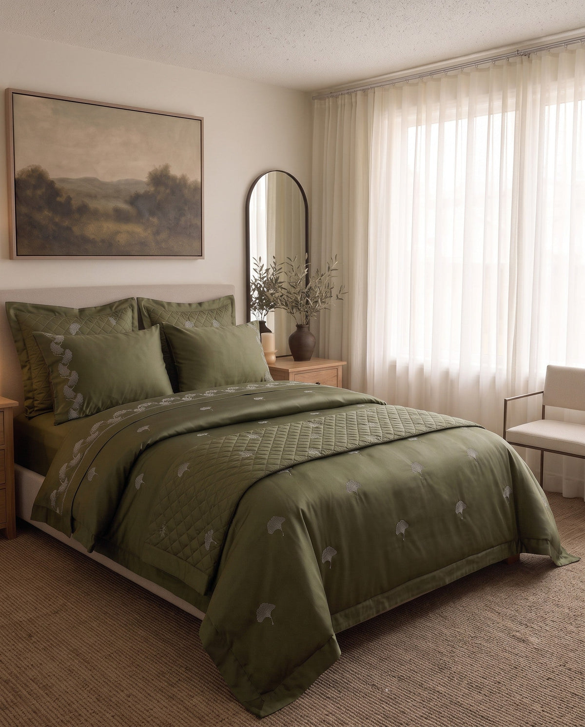 Sage Elegance - Quilted Bed Spread with Embroidery in Olive