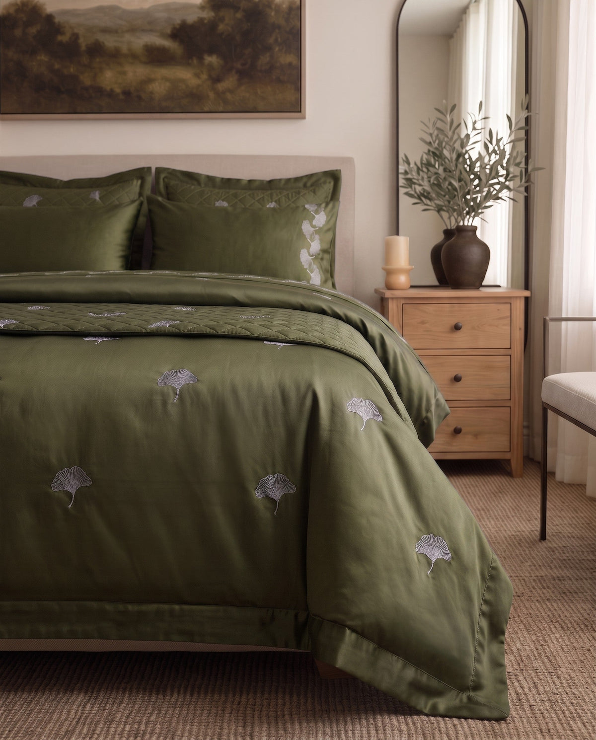Sage Elegance - Queen Duvet Cover with Embroidery in Olive