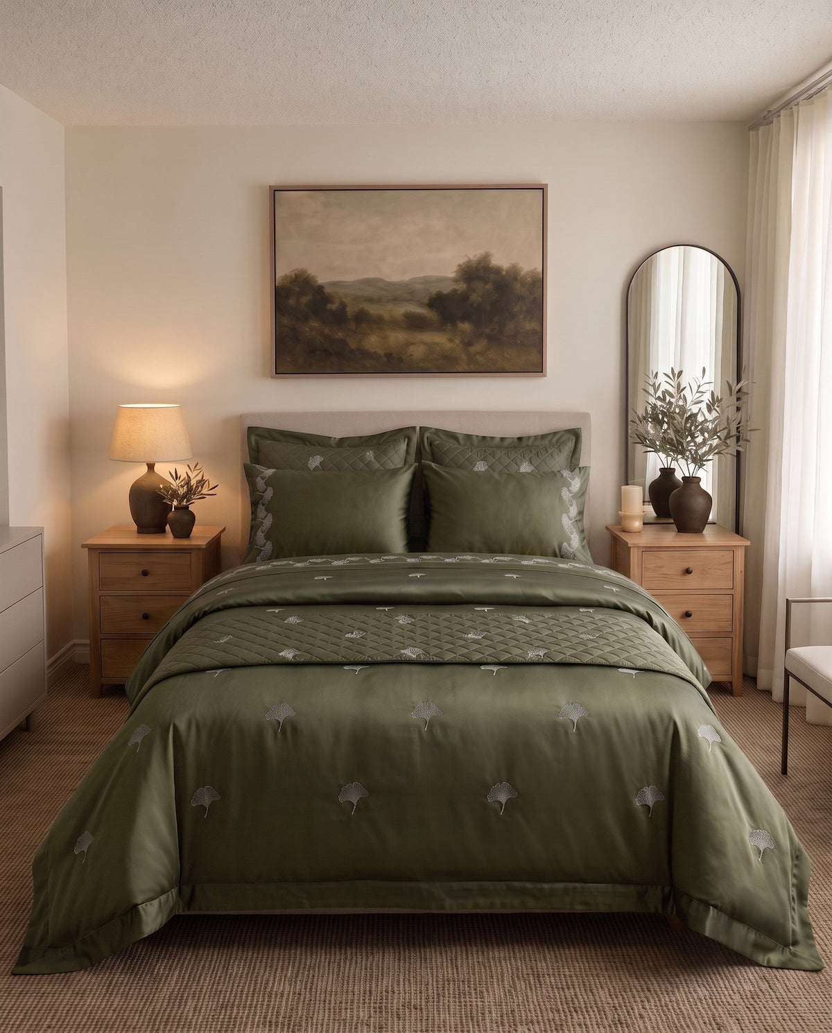 Sage Elegance - Queen Flat Sheet with Embroidery in Olive