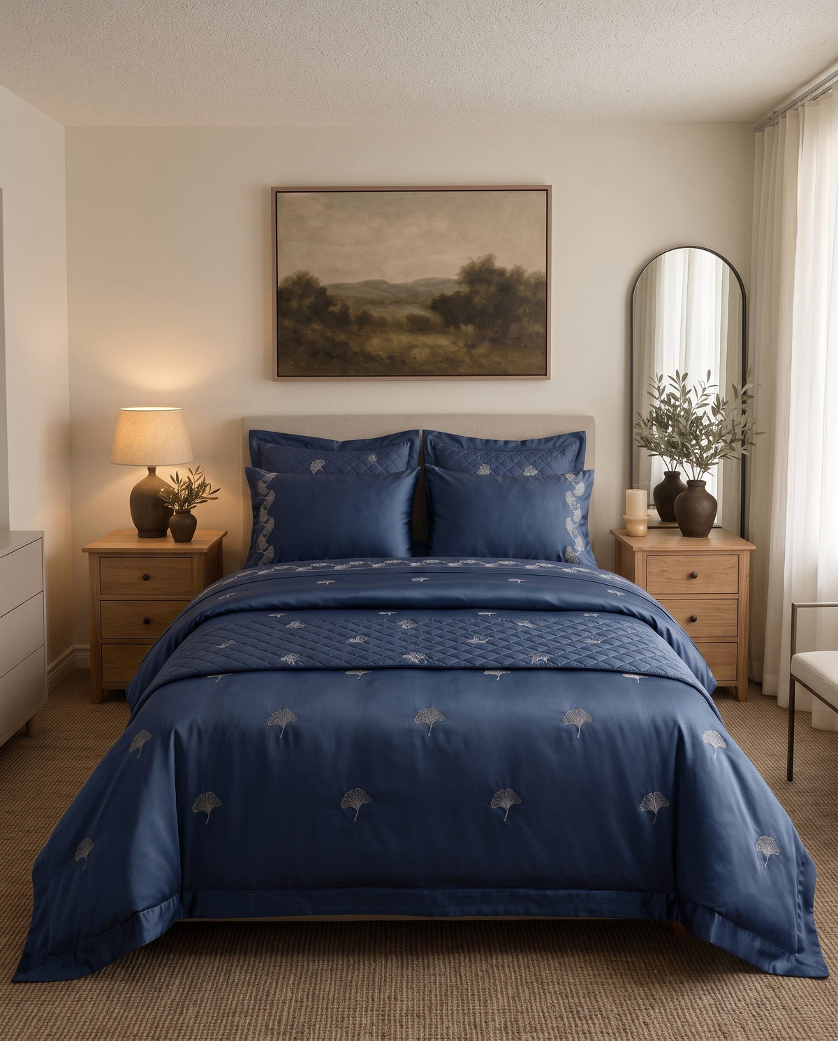 Sage Elegance - Quilted Bed Spread with Embroidery in Royal Blue