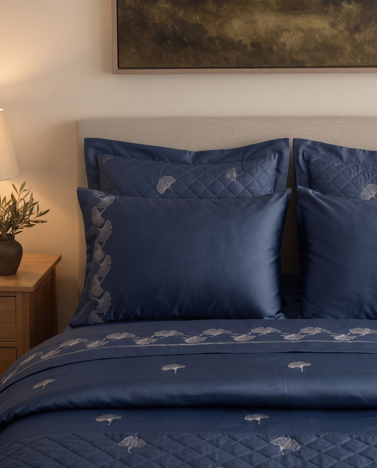 Sage Elegance - Queen Flat Sheet with Embroidery in Royal Blue