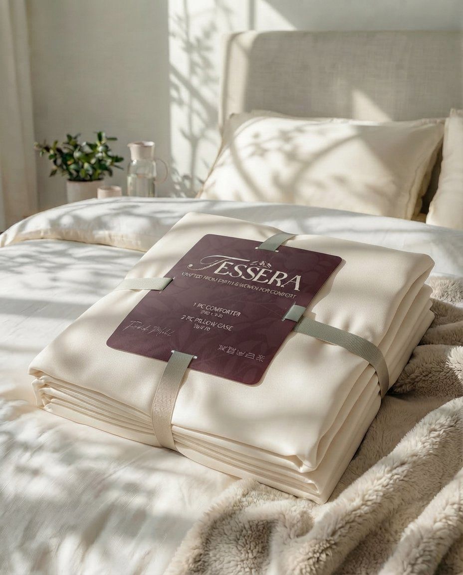 Tessera comforter set with brand card, wrapped and ready to gift