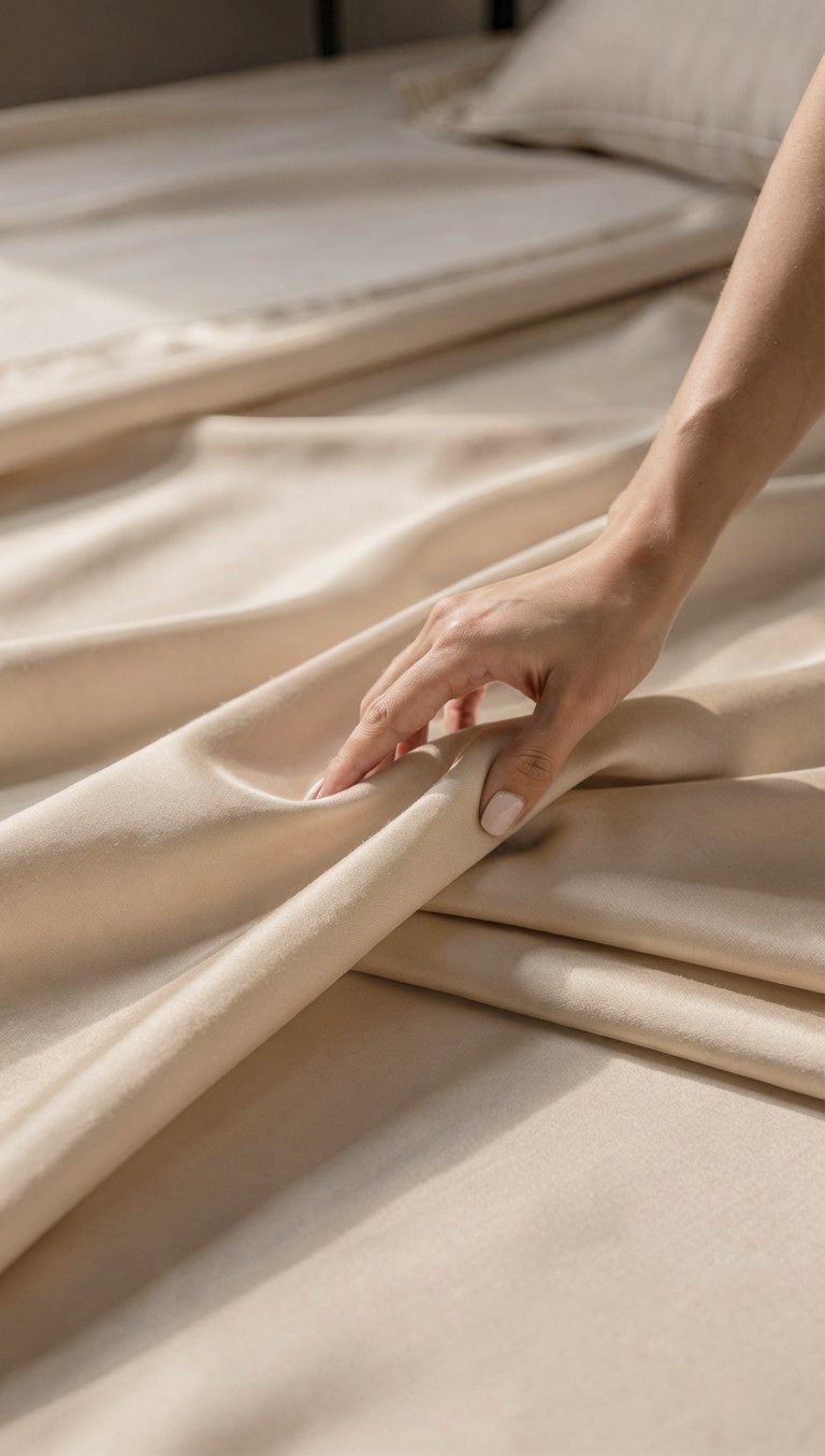Hands smoothing Tessera cotton over a bed